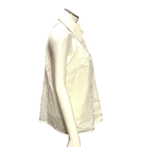 CCC Sheer Beige White Sleeveless Halter Blouse Leaf Pattern Button Up Front Med - Picture 4 of 8